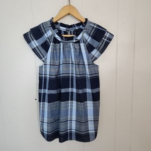 Ann Taylor plaid top blouse cap sleeves high neck ruffle blue preppy romantic M